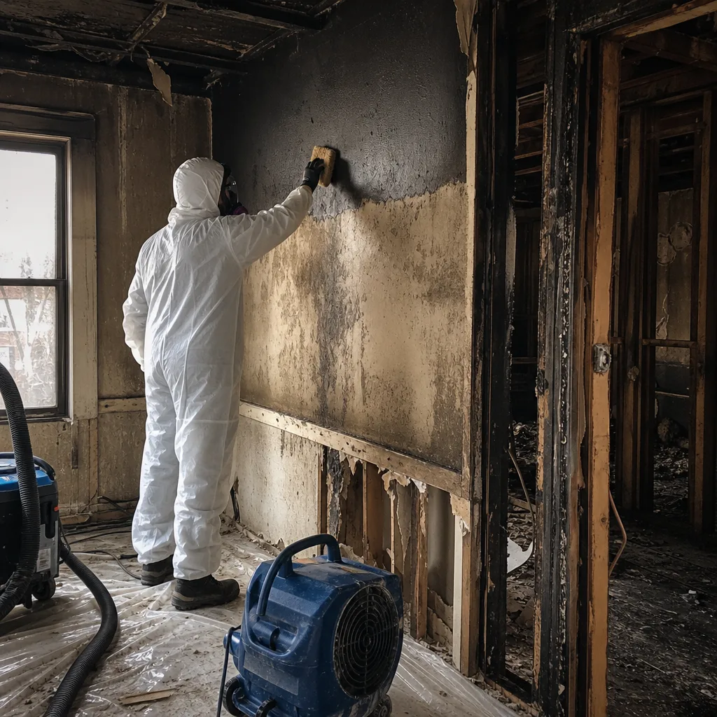 Technician in protective suit performing professional fire damage restoration cleaning