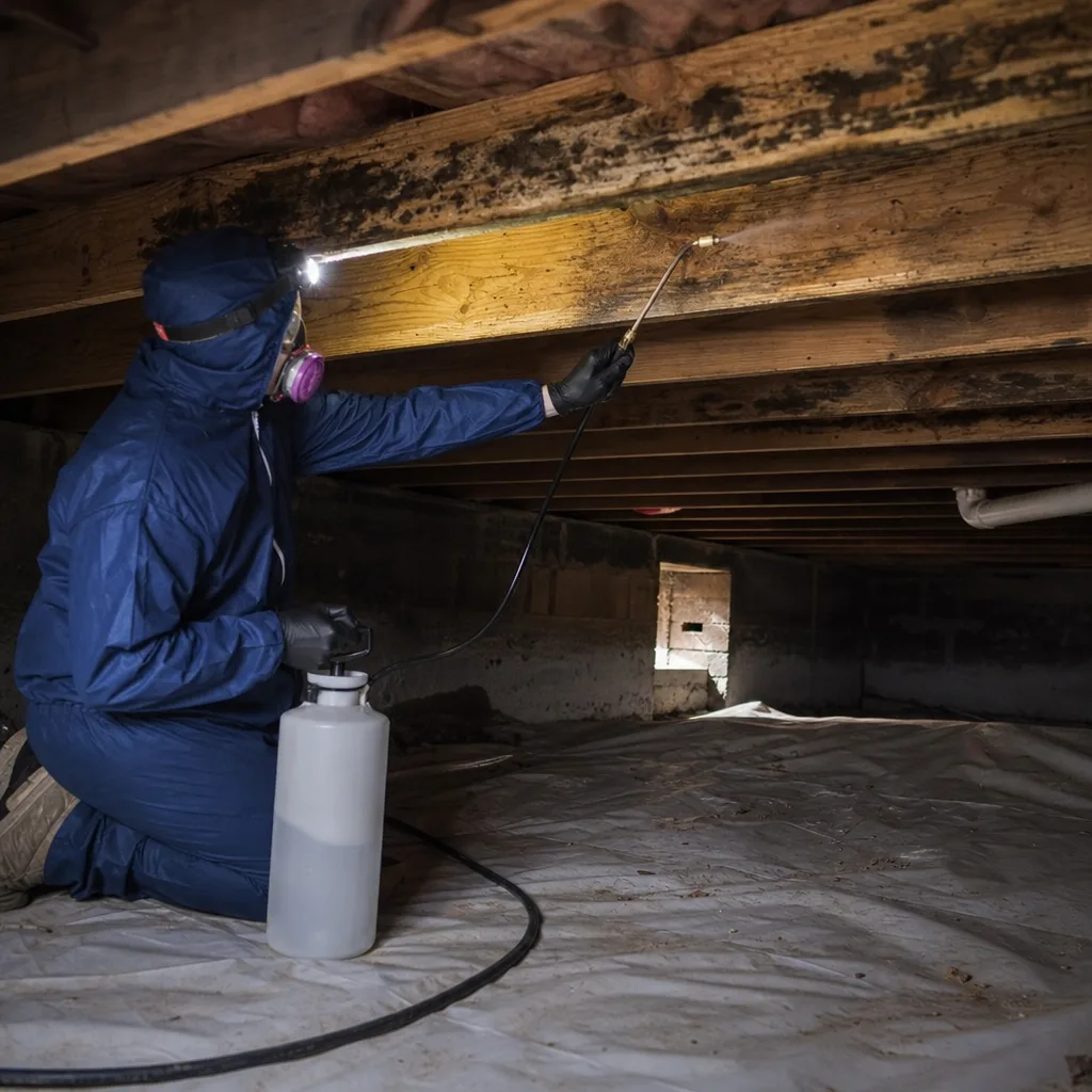 Professional technician performing mold remediation and fungal treatment in a crawl space
