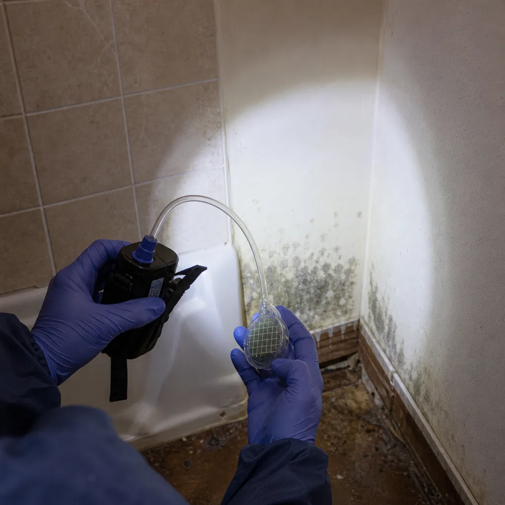 Professional technician performing air quality testing for mold remediation services