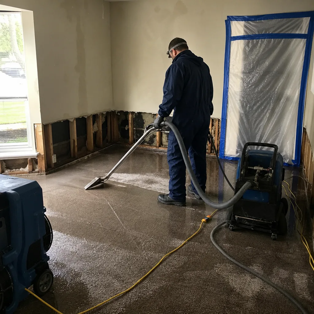Technician using professional water extraction equipment in a flood-damaged room