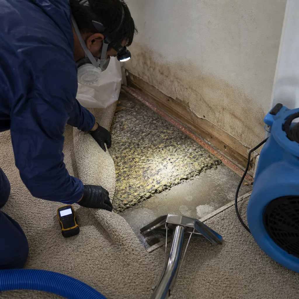Water damage restoration professional inspecting wet flooring with moisture detection tools