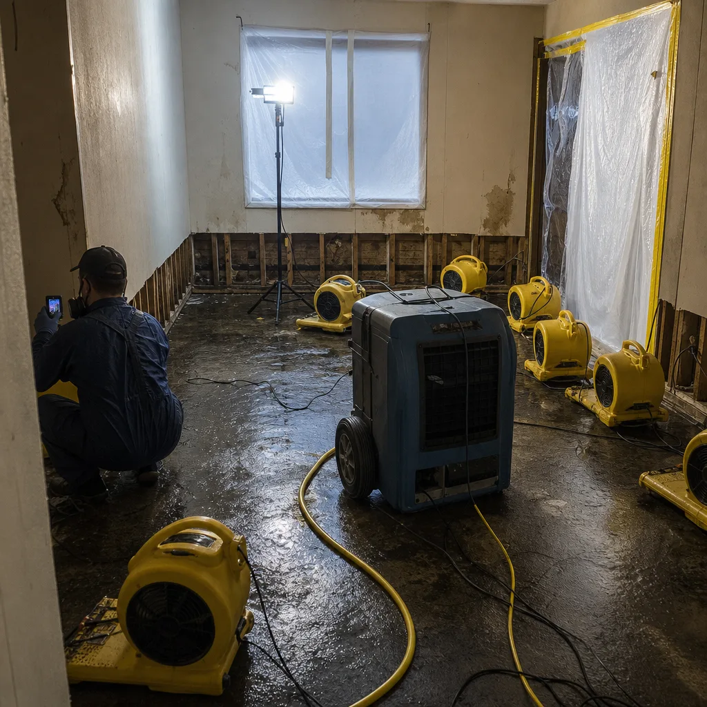 Water damage restoration technician using industrial drying equipment in a flooded room.